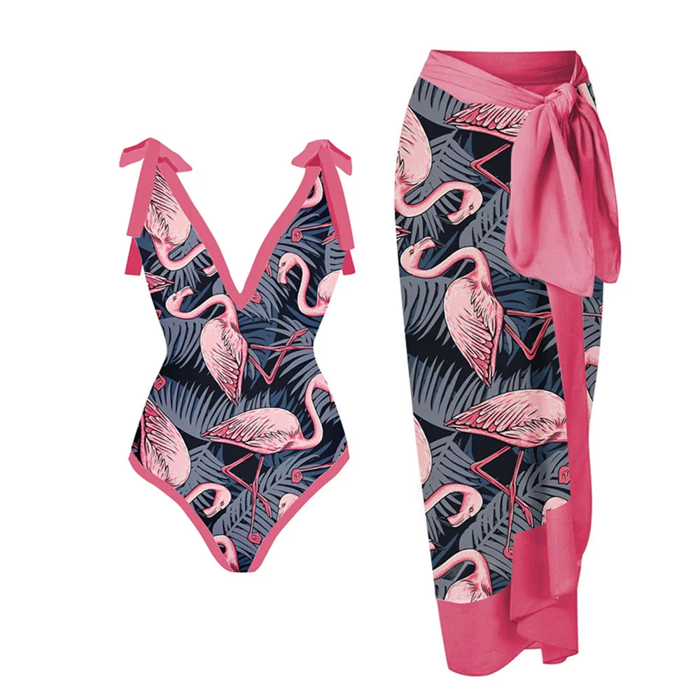 Flamingo Pineapple Print One Piece Swimsuite