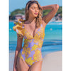 Meet Me In Bonaire Retro Ruffle Over The Shoulder One Piece Swimsuit and Sarong