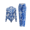Coastal Muse One Piece Long Sleeve Swimsuit and Sarong in Blue and White