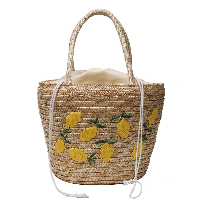 Lemon Embroidered Straw Tote Bag