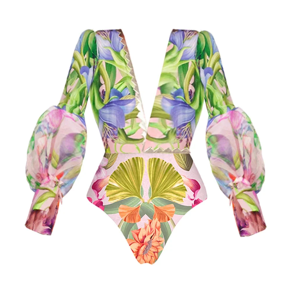 Meet In The Tropics One Piece Lantern Sleeve Swimsuit and Maxi Skirt