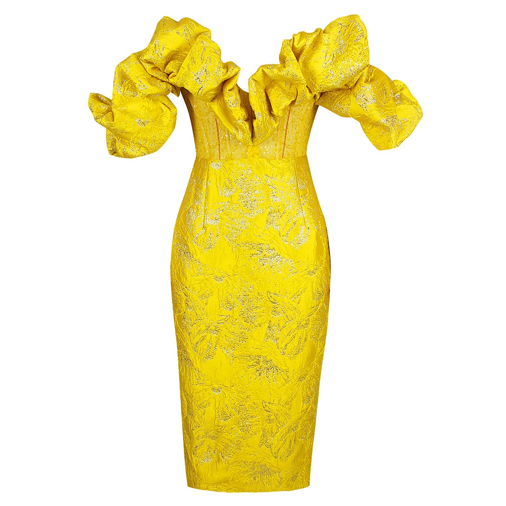 Havana Nights Yellow Mesh Jacquard Dress