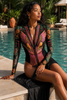 Coastal Muse One Piece Long Sleeve Swimsuit and Sarong in Black Mauve