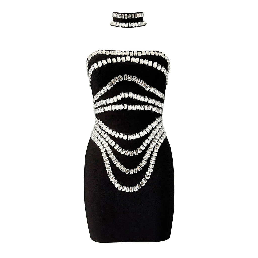 Midnight Heiress Strapless Crystal Mini Dress With Choker