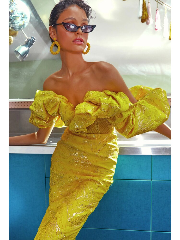 Havana Nights Mesh Yellow Jacquard Dress Sample Sale Havana Nights Mesh Yellow Jacquard Dress Sample Sale