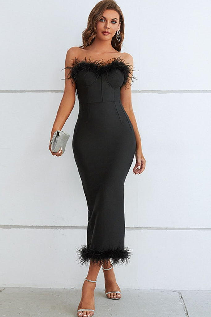 Vivienne Feather Trim Strapless Dress