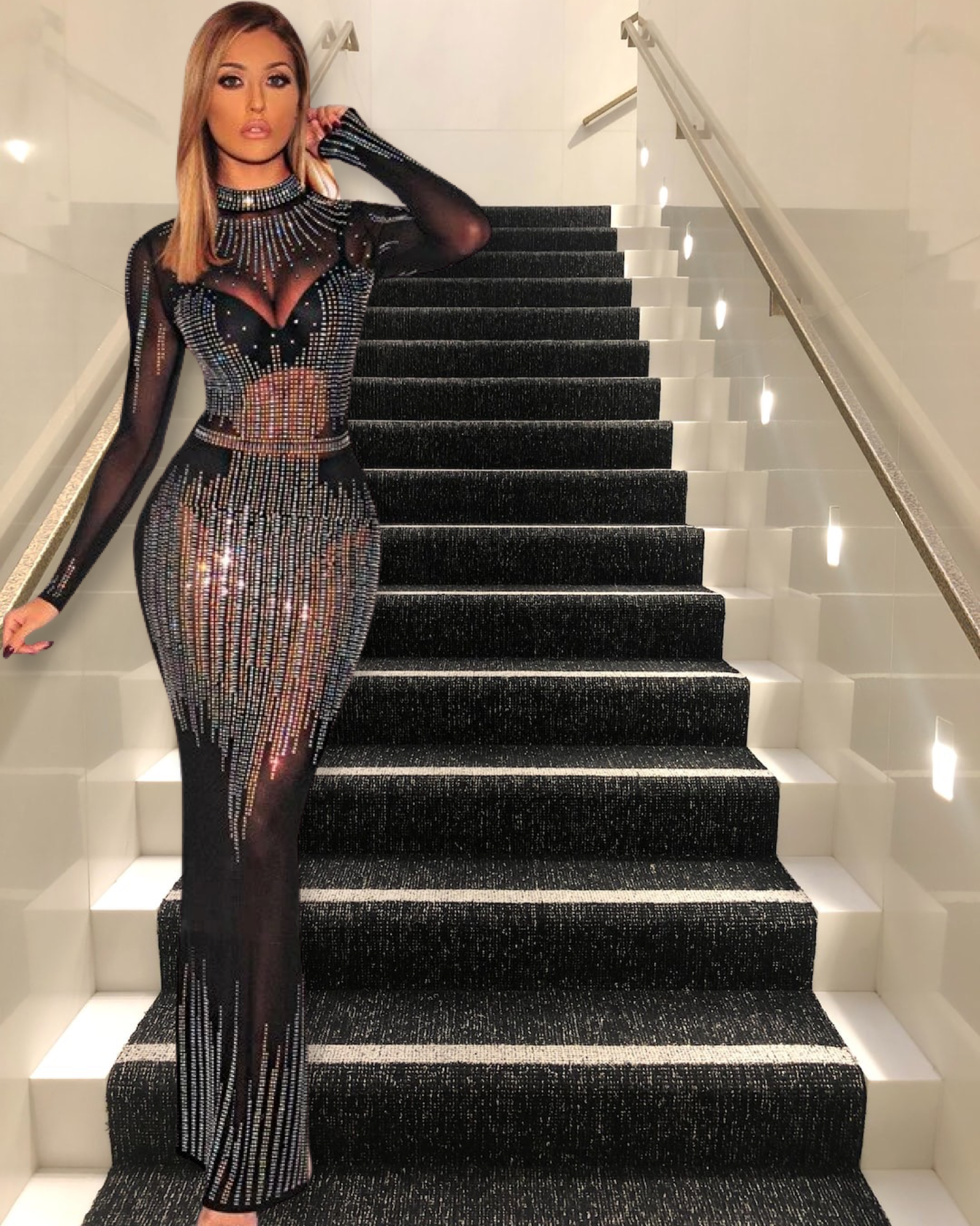 black long sleeve mesh diamond dress Black Rhinestone Dress - Long Sleeve Dress - Ruched Mesh Dress